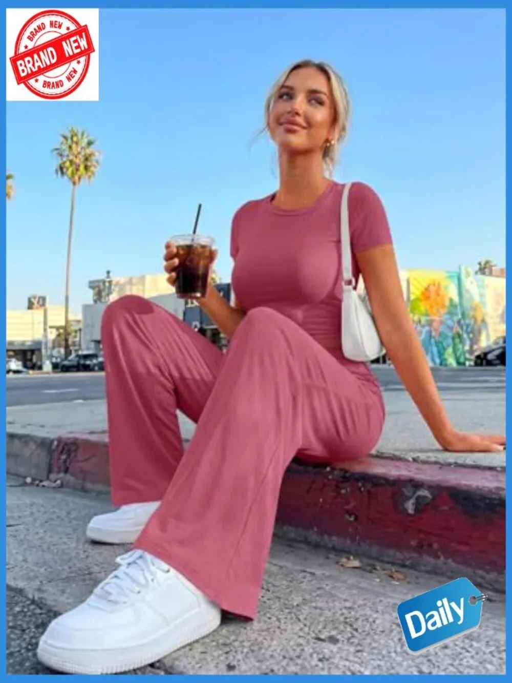 2 Piece Matching Lounge Set Side Ruching Top Wide Leg Pants with Pockets